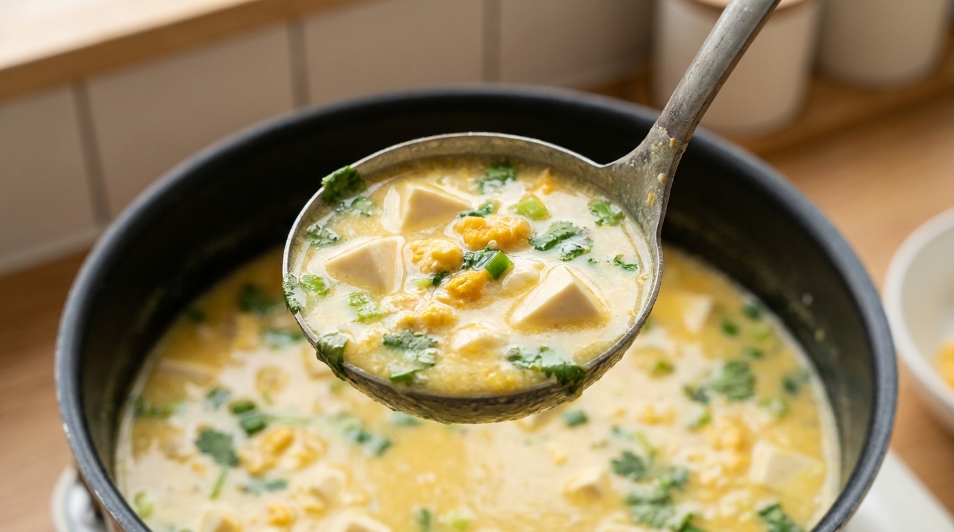 Soupe soyeuse au tofu et œufs salés