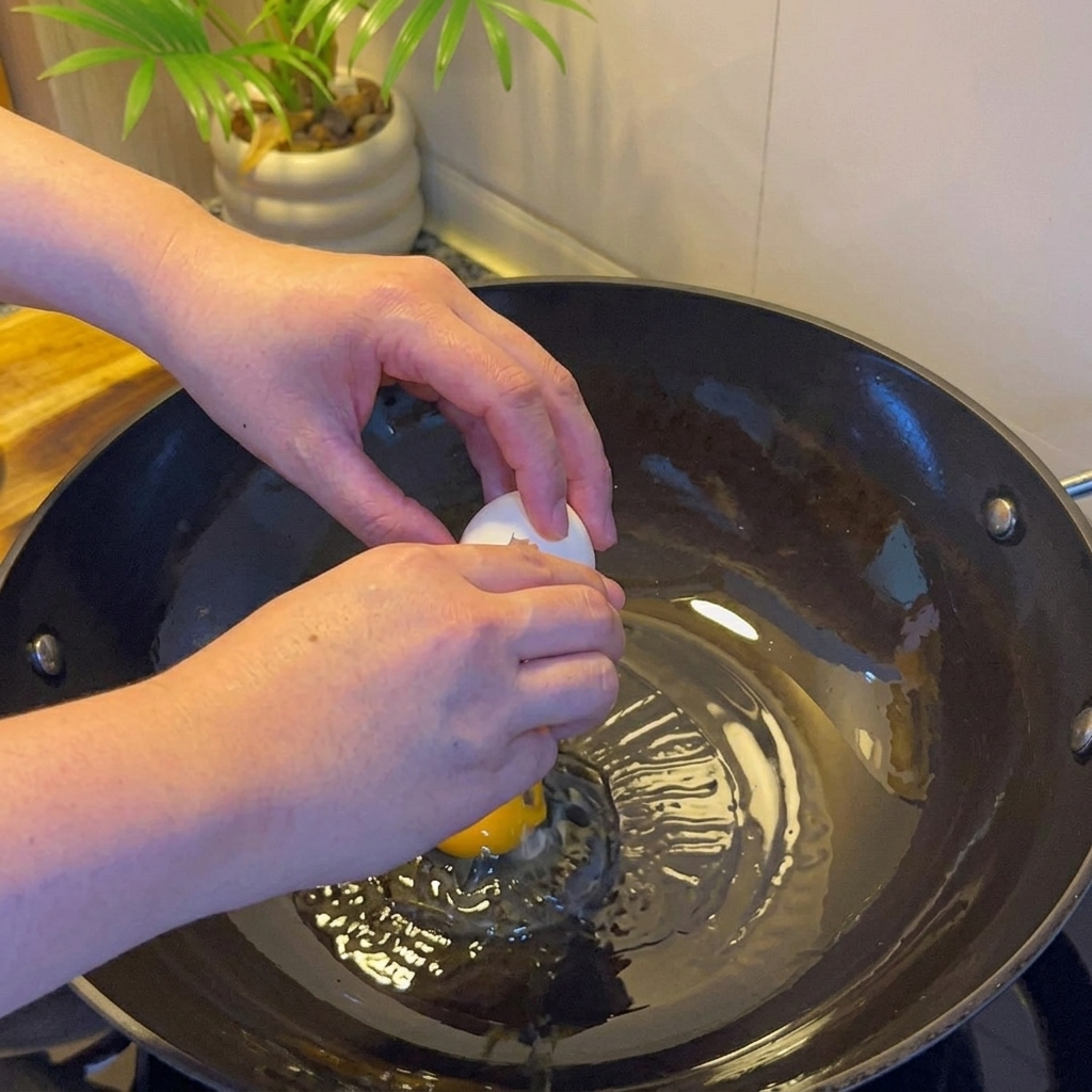 Un œuf frit doré en train de cuire dans un wok avec de lhuile.