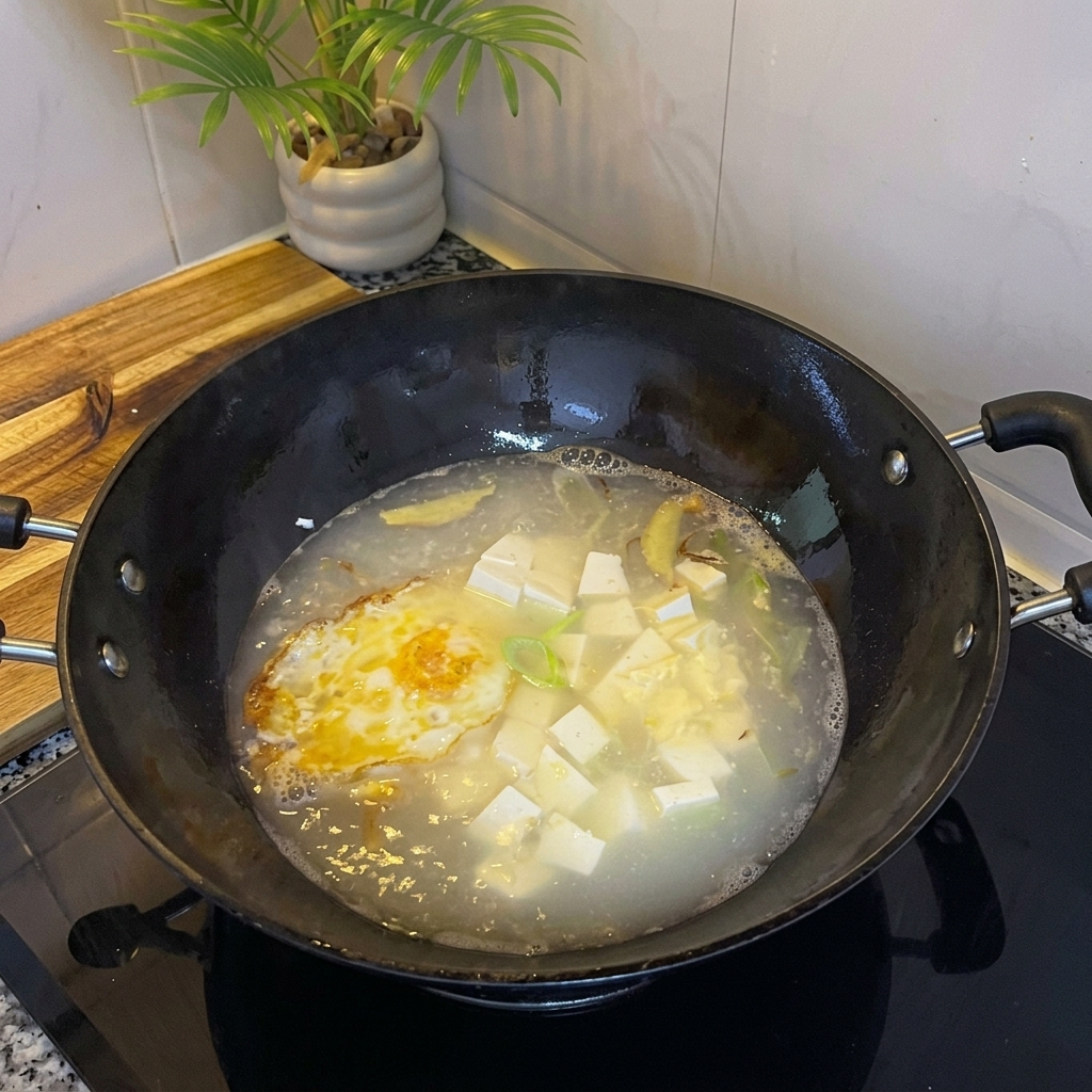Bouillon de soupe avec œuf et dés de tofu en cours dassaisonnement.
