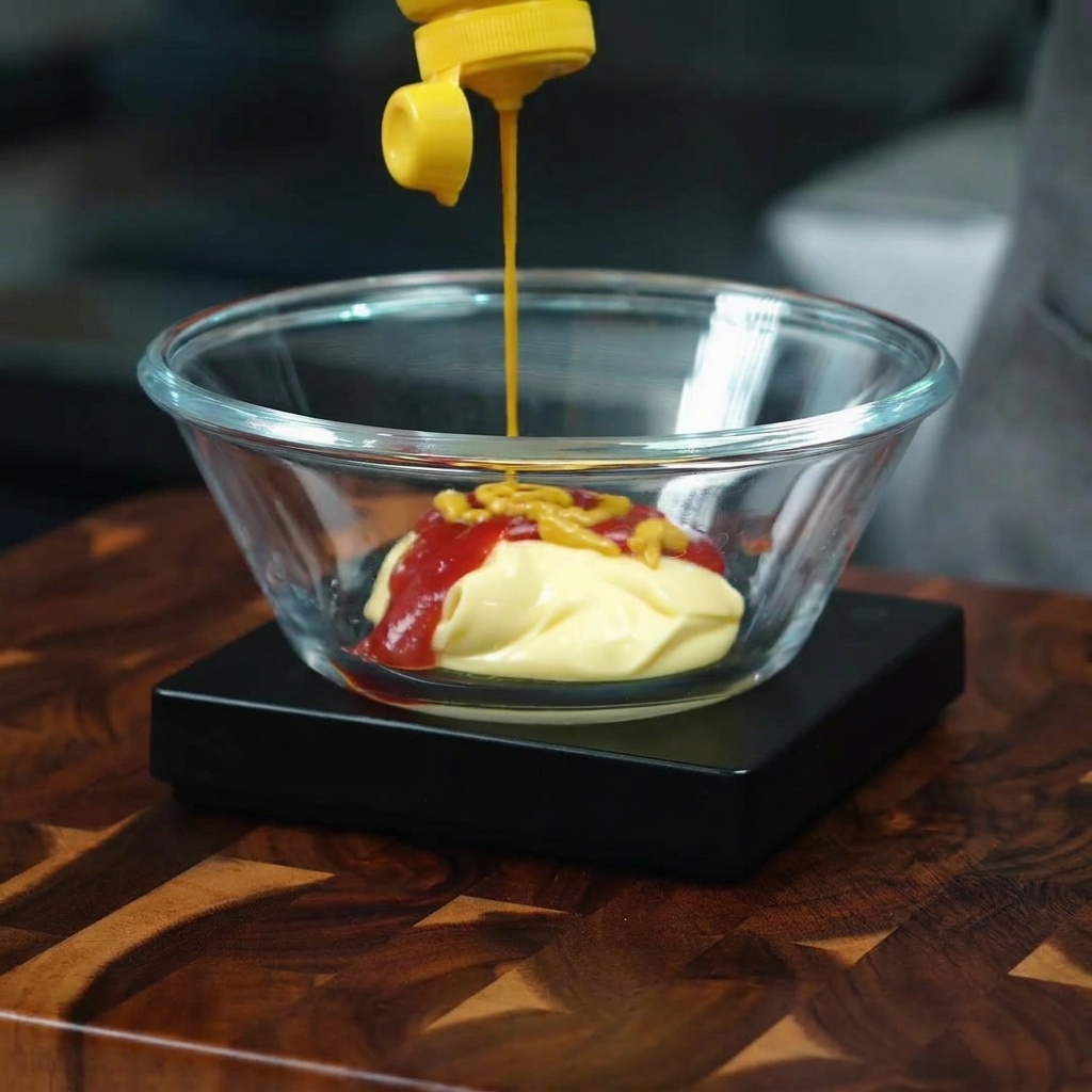 De la sauce piquante Sriracha ajoutée au mélange dans le bol.