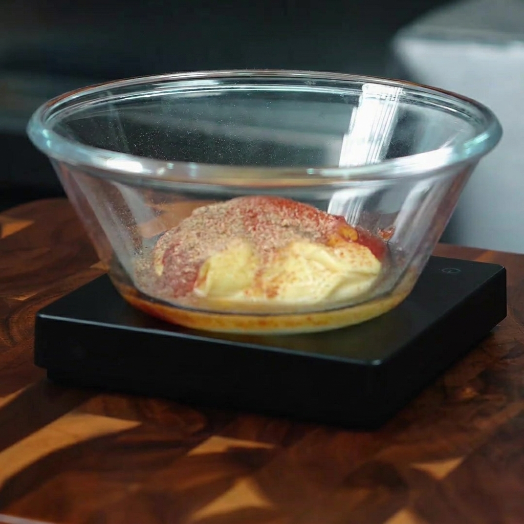 Le mélange de sauce dans un bol en verre garni de piment en poudre, de poivre noir et de sel.