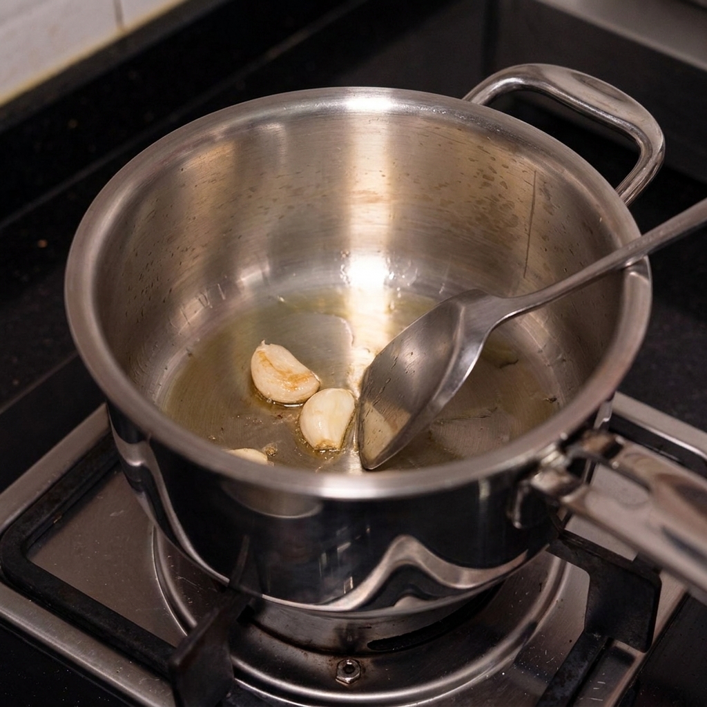 Gousses dail et tranches de bacon qui grésillent dans une petite casserole sur la cuisinière.