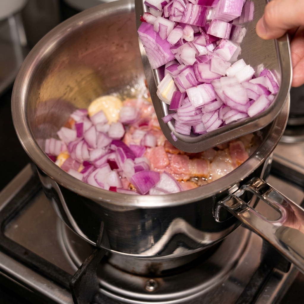 Oignons rouges hachés versés dans une casserole avec de lail et du bacon.