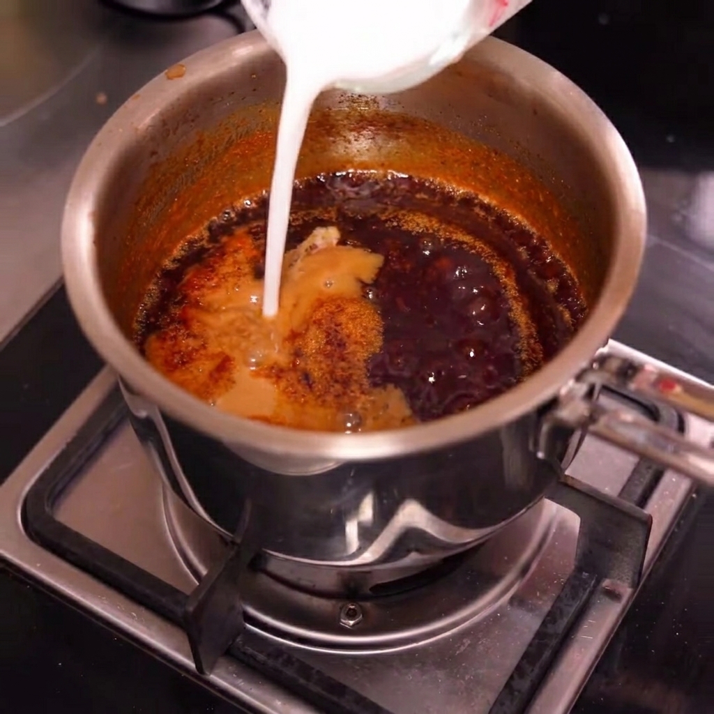 Sauce qui épaissit et bouillonne dans une poêle après lajout du mélange de fécule de maïs.