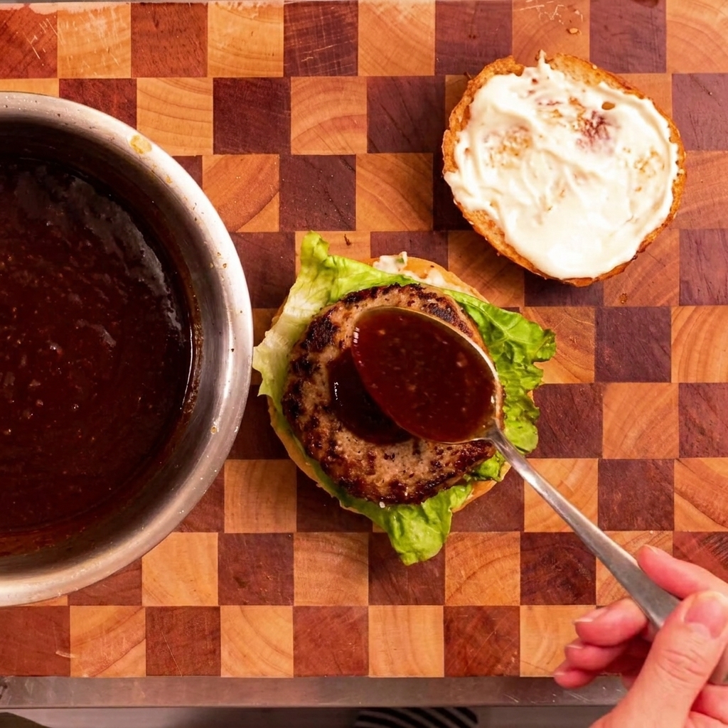 Gros plan dune cuillère versant une sauce teriyaki foncée et brillante sur un steak de bœuf cuit reposant sur un lit de laitue fraîche.