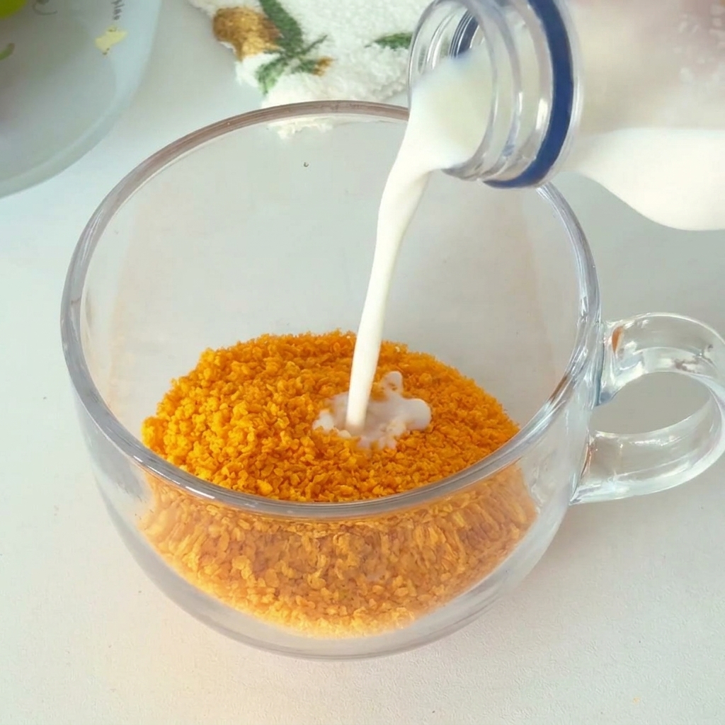 Vue rapprochée de lait versé sur de la chapelure dans un verre doseur, prête à être mélangée.