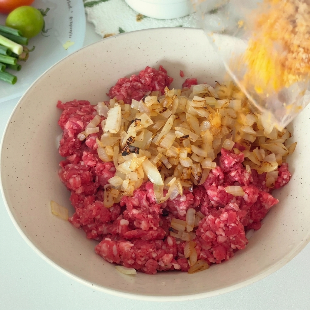 Le mélange de chapelure humide versé dans le bol avec le bœuf et les oignons.