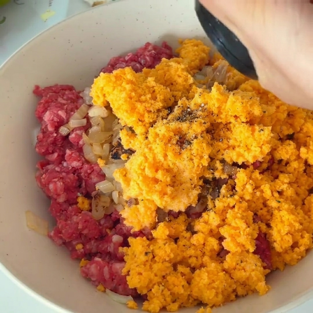 Poivre noir fraîchement moulu et sel ajoutés sur le mélange de viande et de légumes crus.