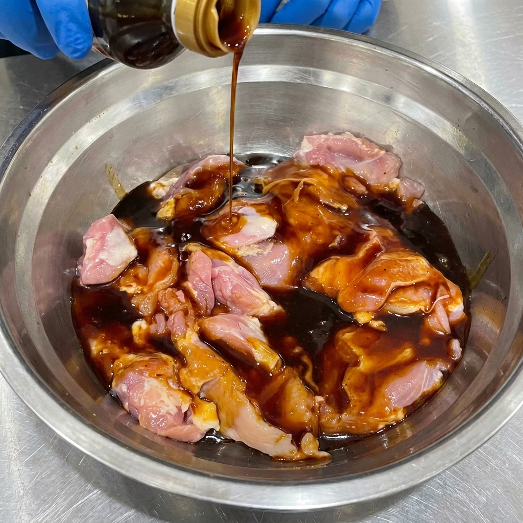 Hauts de cuisse de poulet crus dans un bol en métal recouverts de sauce teriyaki sombre.