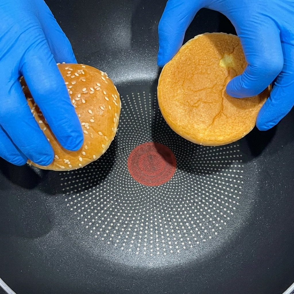 Pains briochés pour burger en cours de toastage dans une poêle.