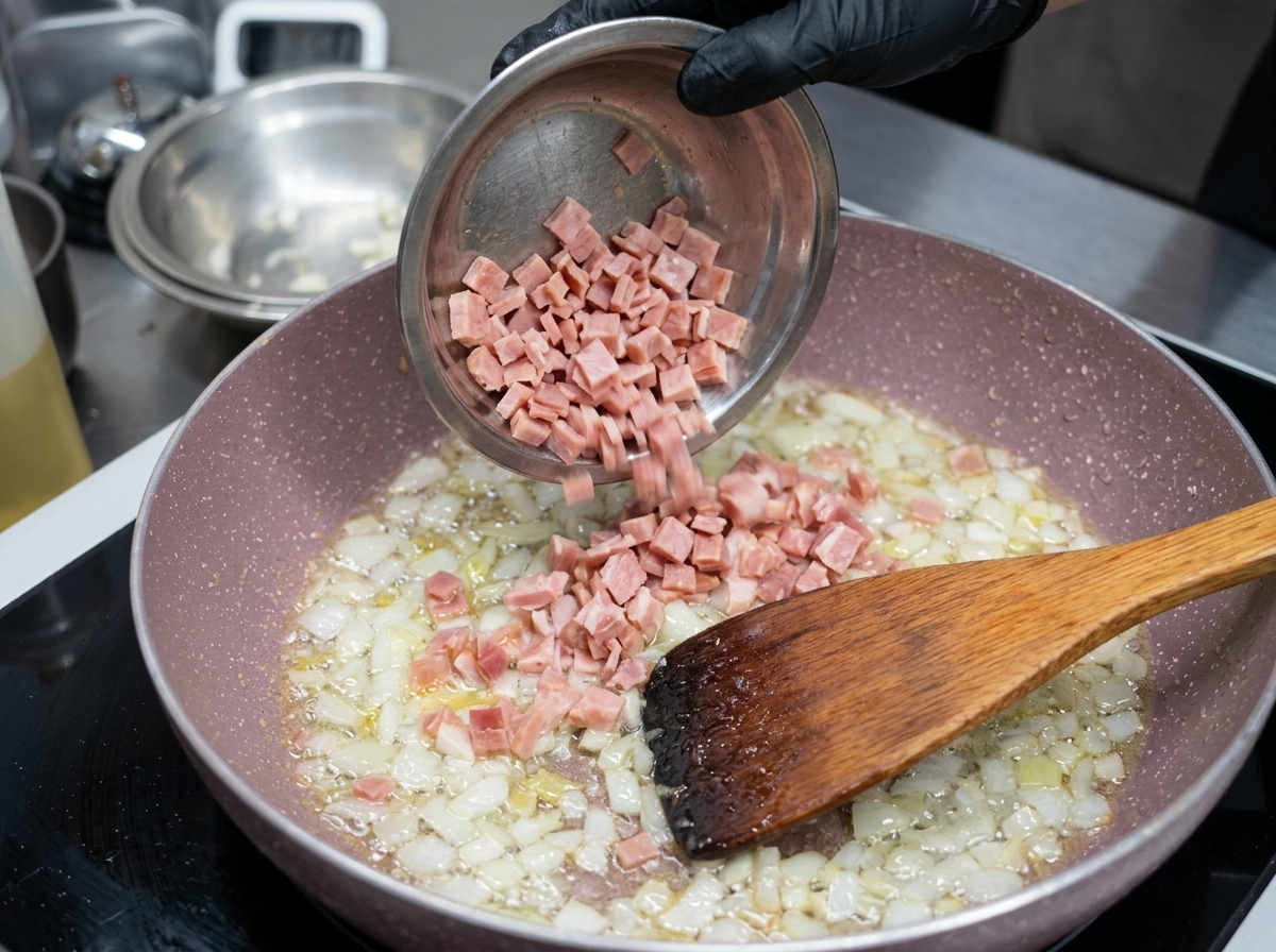 Petits morceaux de lard incorporés au mélange doignons et dail sautés.