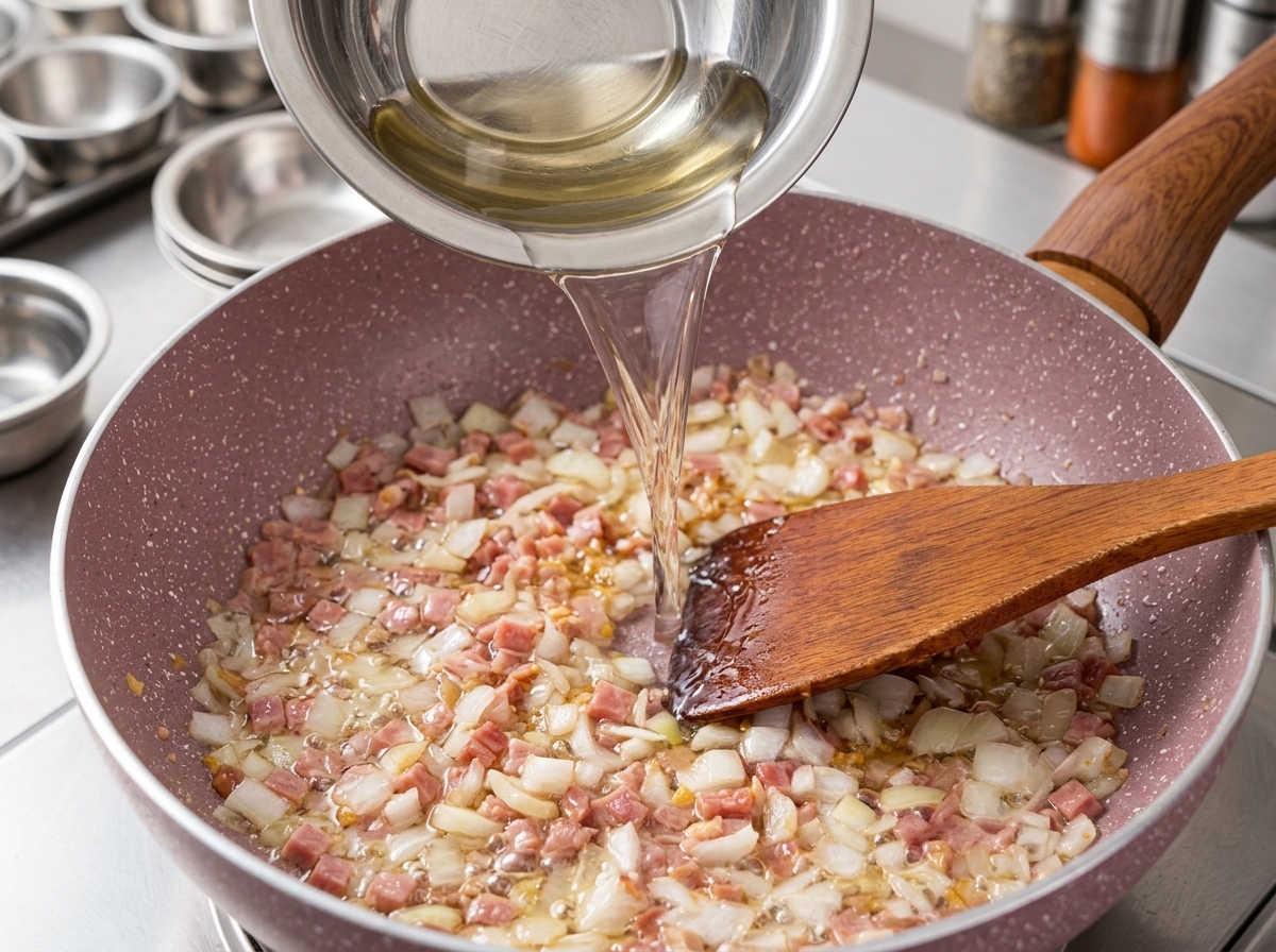Liquide clair versé dun petit bol en métal dans la poêle contenant le lard et les oignons sautés.