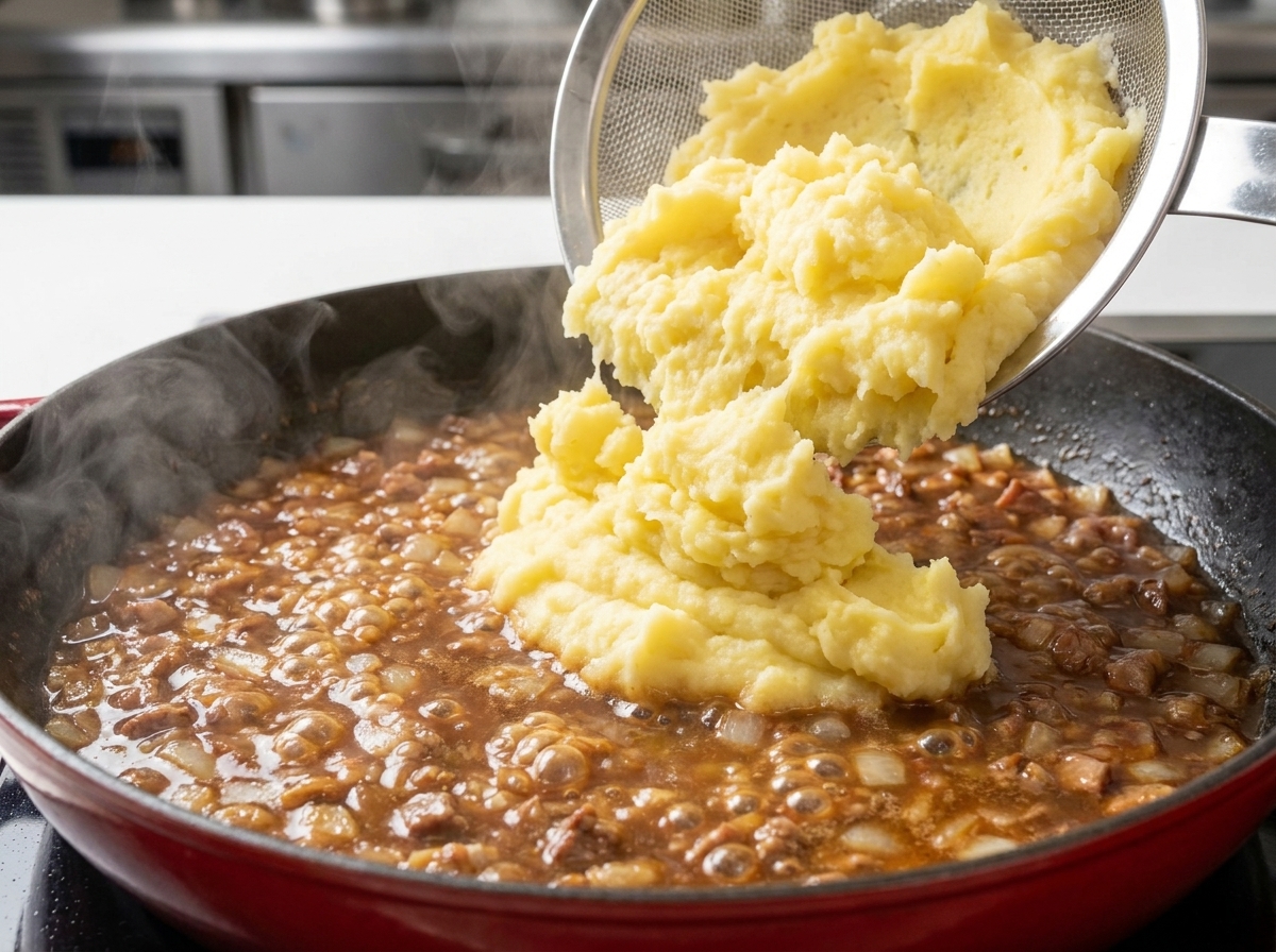 Une portion généreuse de purée de pommes de terre lisse ajoutée dans une poêle contenant les ingrédients mijotés.