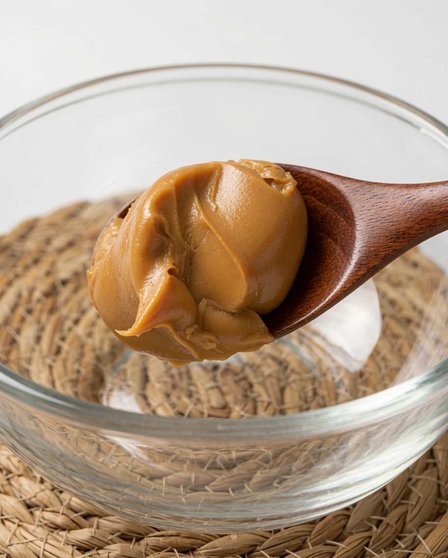 Une cuillère en bois déposant une généreuse portion de beurre de cacahuète dans un bol en verre.