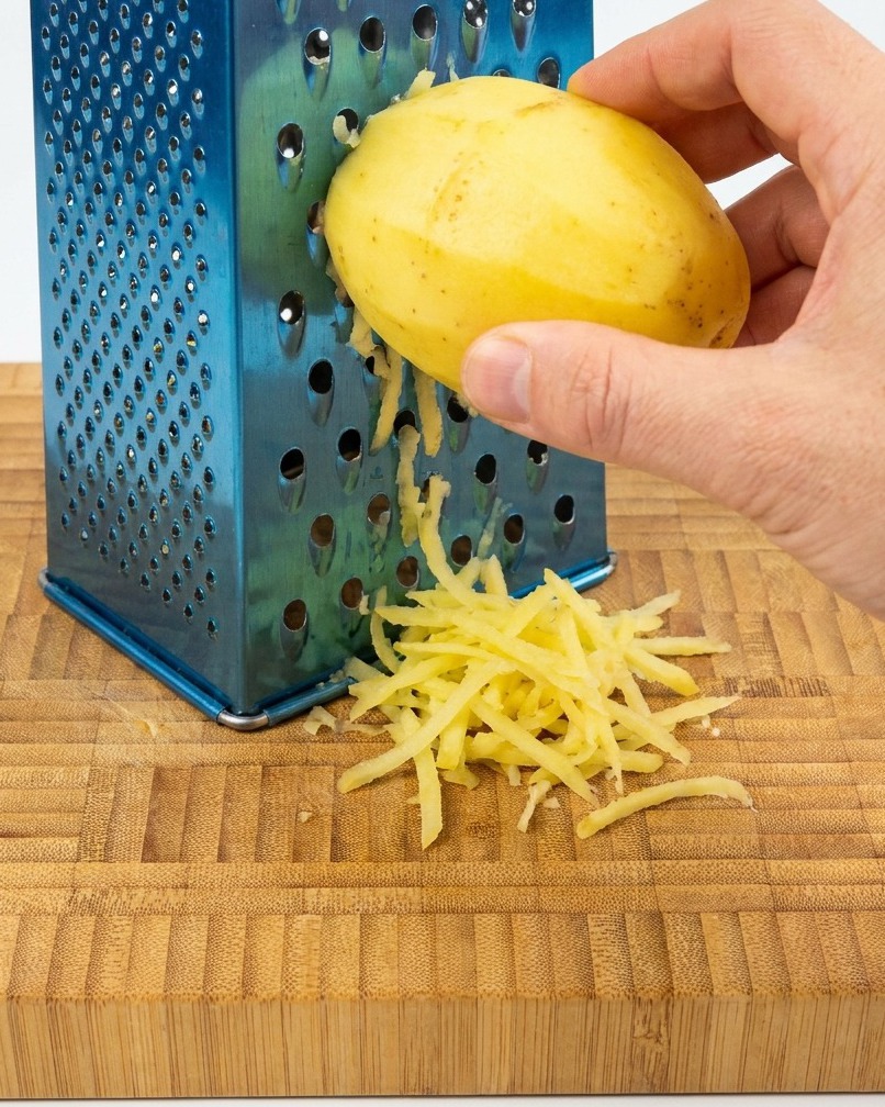 Morceaux de pomme de terre finement râpés sur une planche à découper en bois à côté dune râpe à main bleue.