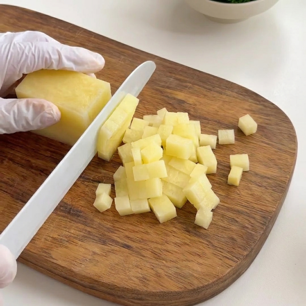 Dés de pommes de terre uniformes sur une planche en bois.
