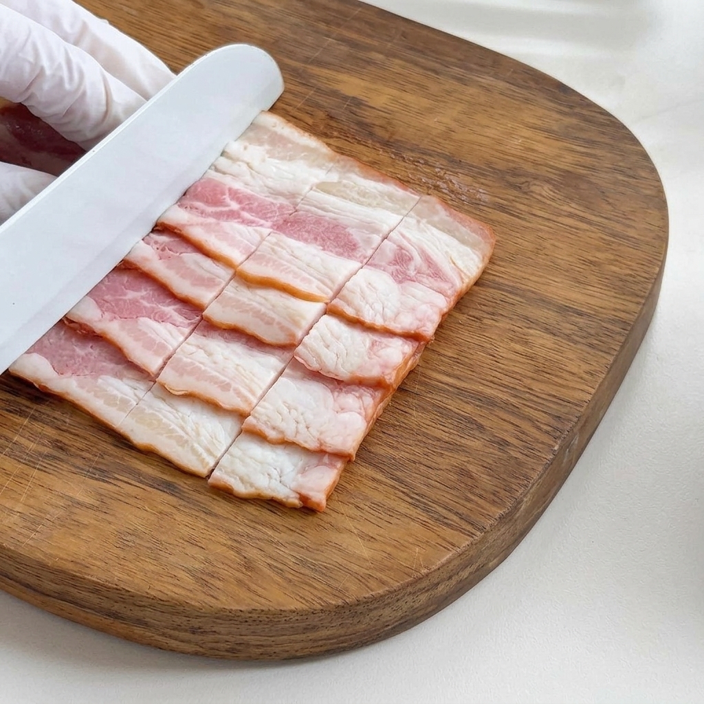 Tranches de bacon coupées en petits morceaux réguliers.