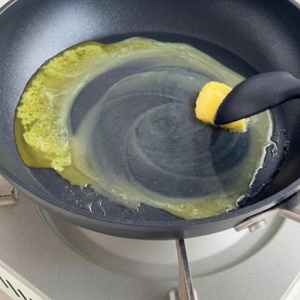 Beurre fondu mélangé à de la farine dans une poêle.