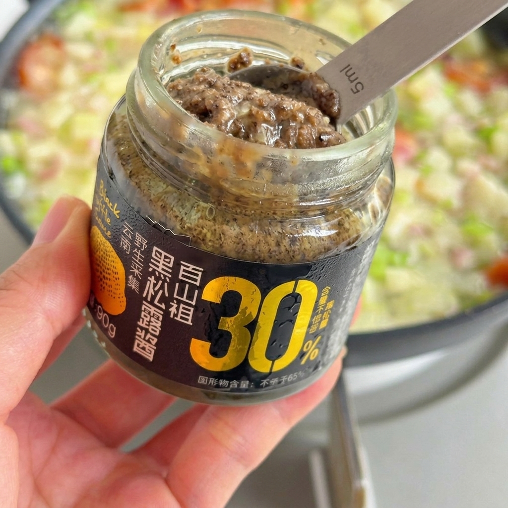 Cuillère de sauce à la truffe noire incorporée aux légumes sautés.