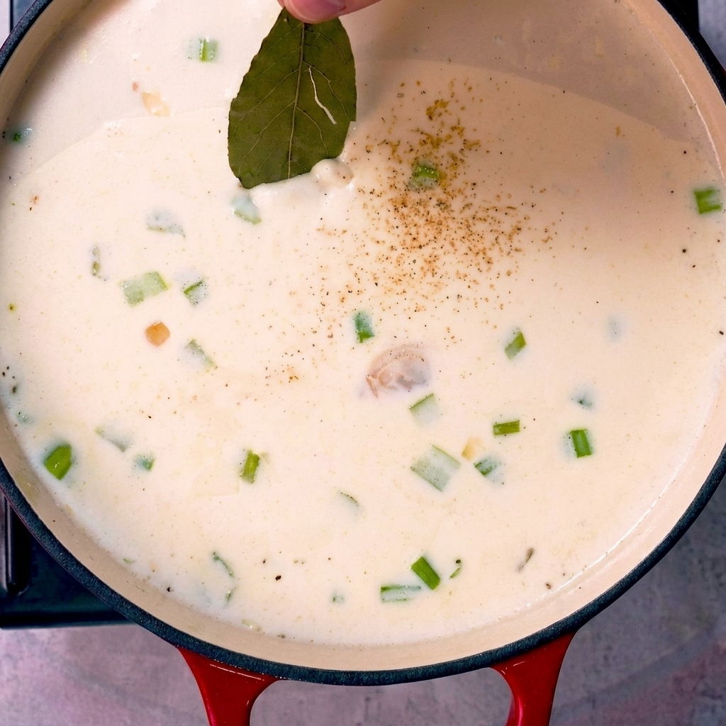 Sel, poivre, feuille de laurier et thym frais ajoutés à la base crémeuse de la chaudrée.
