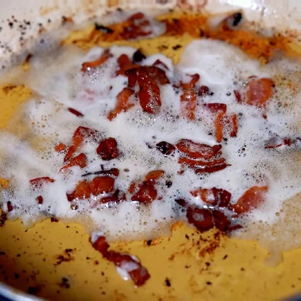 Légumes en dés et lard cuisant ensemble dans une poêle.
