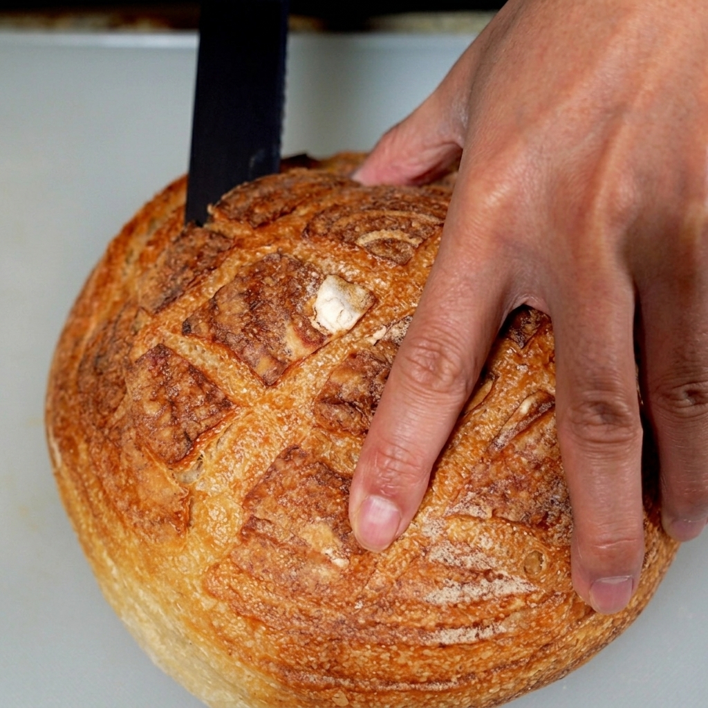 Bol de pain au levain évidé, prêt à être rempli de chaudrée de palourdes chaude.