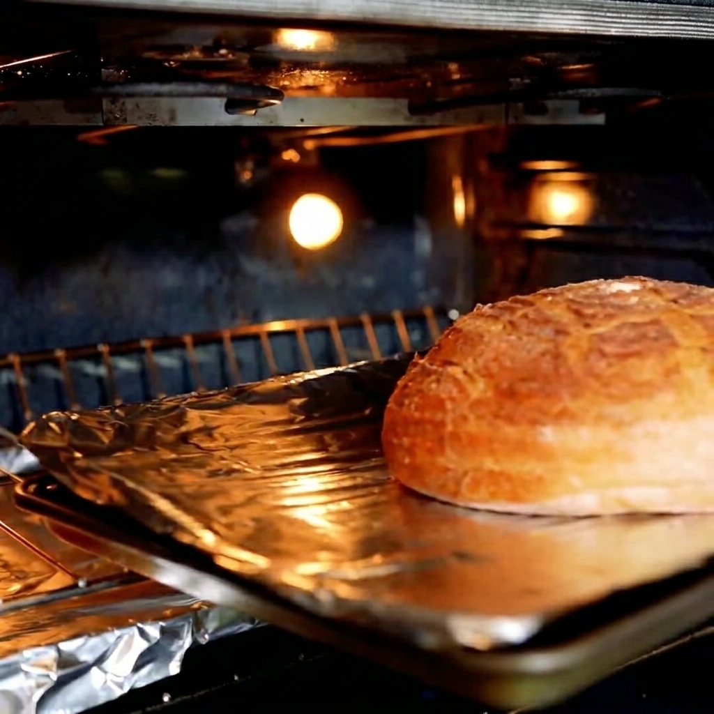 Bol de pain au levain dans le four, en train de griller pour une finition croustillante.