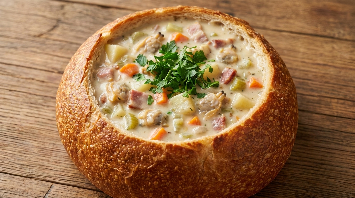 Chaudrée de palourdes classique dans un bol de pain au levain
