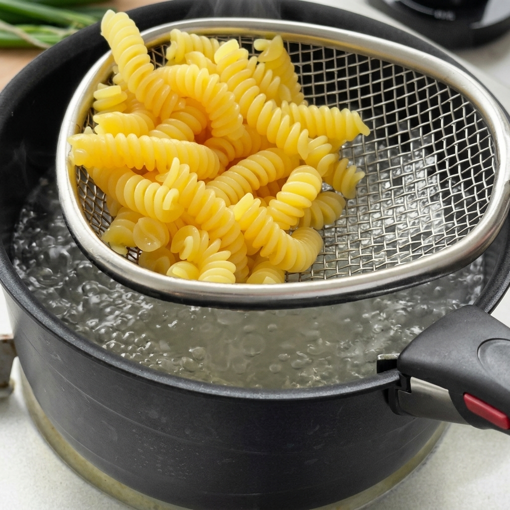 Morceaux dasperges ajoutés dans la casserole deau bouillante contenant les pâtes.