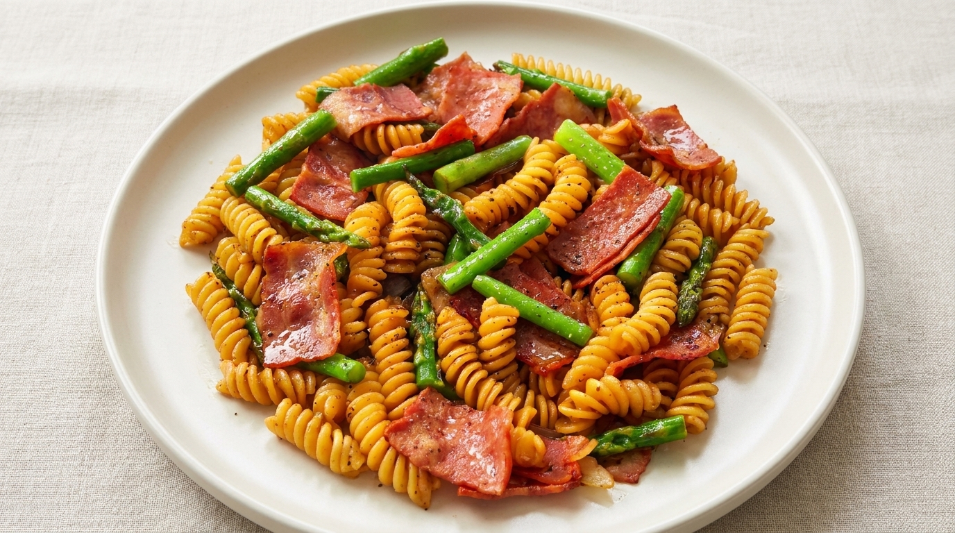 Fusilli au bacon et asperges à la crème de truffe noire