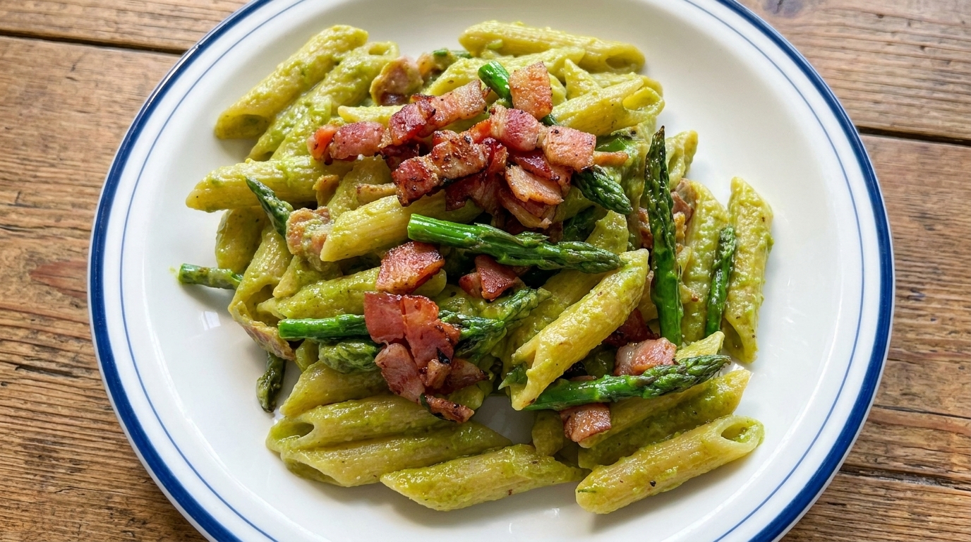 Pâtes crémeuses aux asperges et pancetta