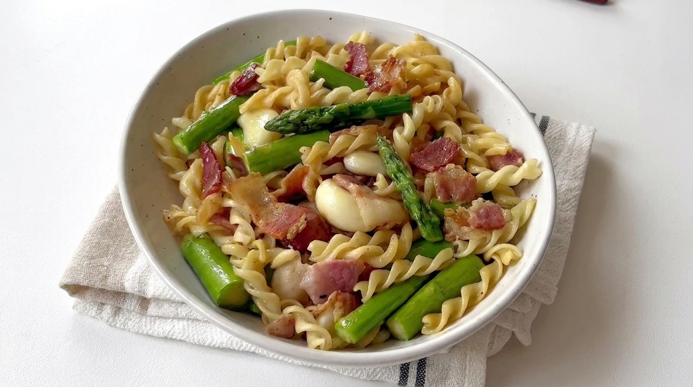 Un bol vibrant de fusilli mélangés à des asperges croquantes, du bacon savoureux et de lail aromatique.