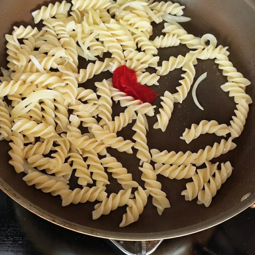 Pâtes dans une poêle assaisonnées avec du concentré de tomate et de la sauce soja, prêtes à être mélangées.