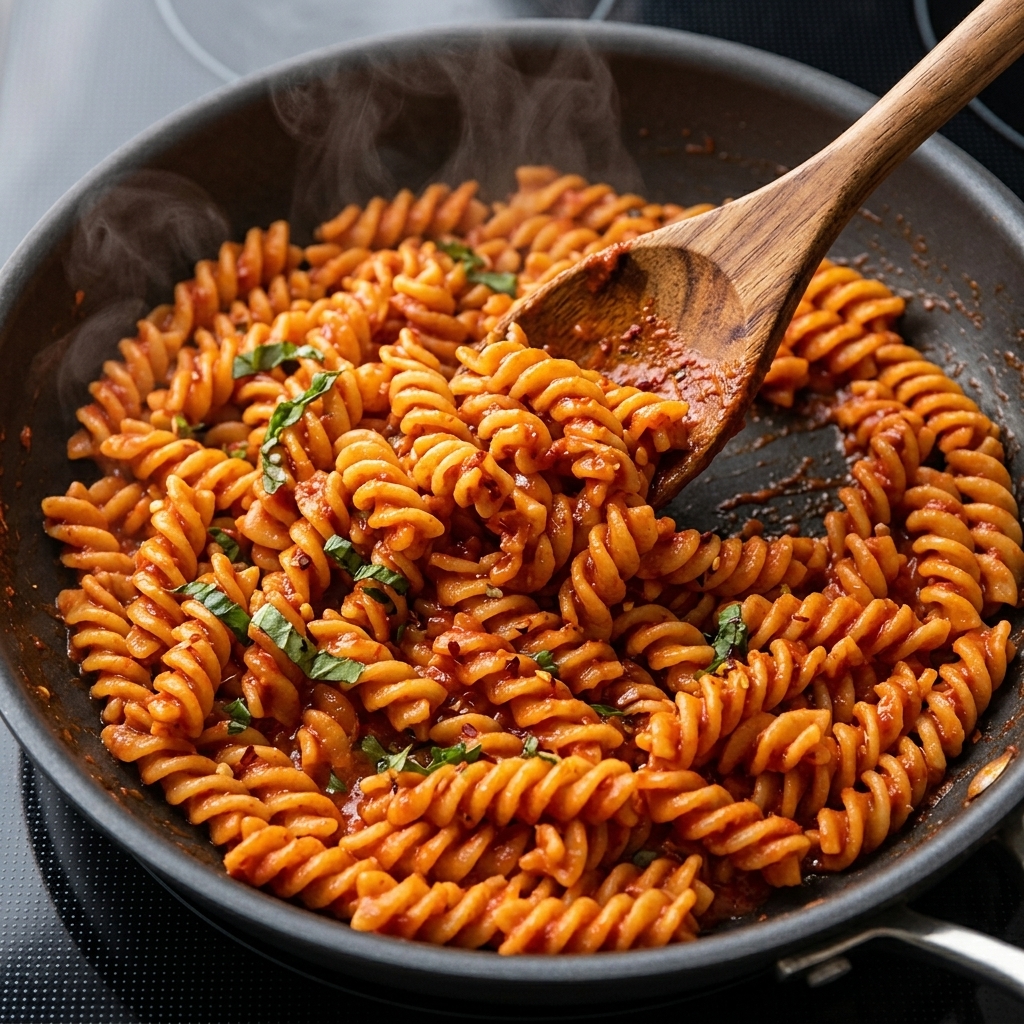 Une poêle de pâtes en cours de flambage avec une flamme contrôlée, apportant une note fumée.