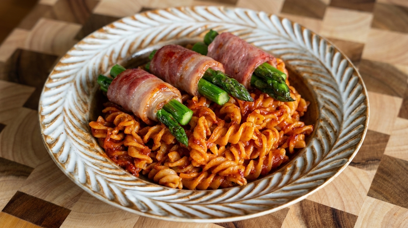 Spaghettis aux Roulés d'Asperges et Bacon