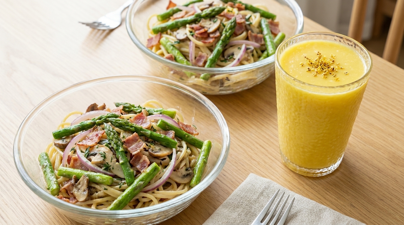 Pâtes crémeuses au bacon, asperges et jus de maïs frais