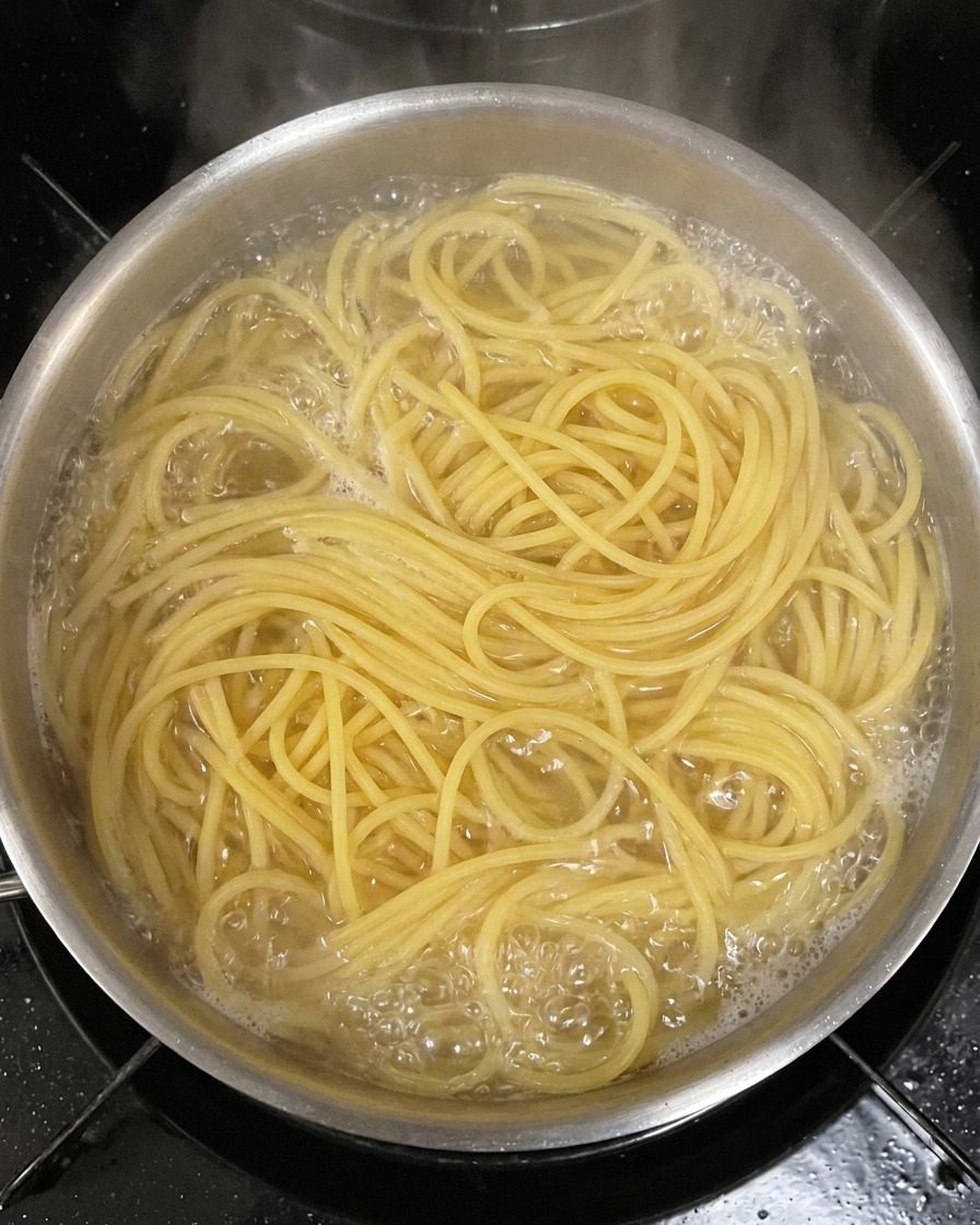 Une poignée de spaghettis secs plongés dans une grande casserole deau bouillante.
