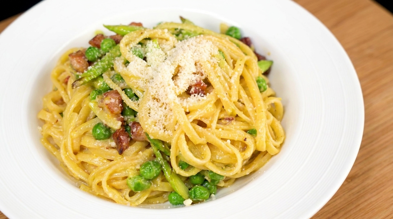 Pâtes crémeuses aux asperges, petits pois et bacon croustillant