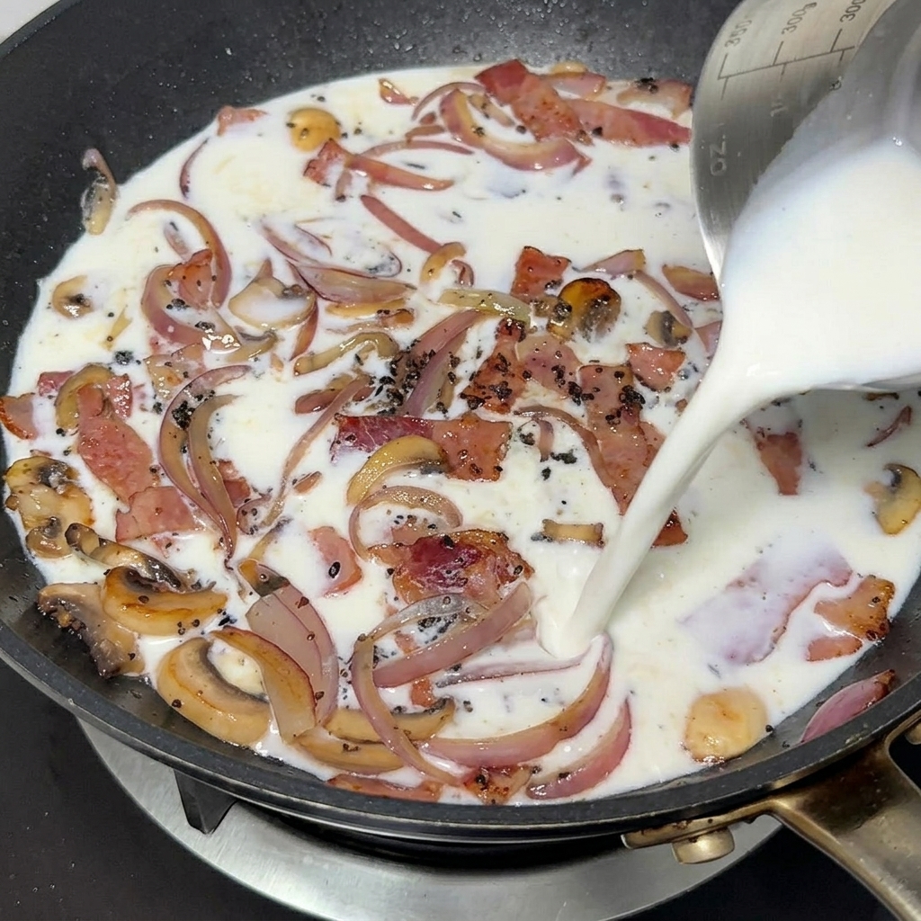 Lait versé depuis un verre doseur dans la poêle contenant le bacon, les oignons et les champignons.