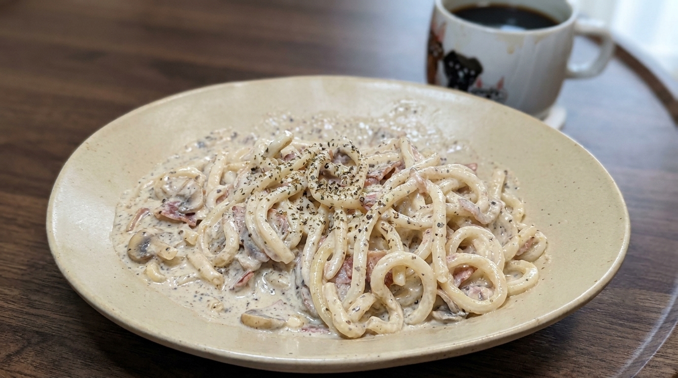 Udon Crémeux au Bacon et Champignons