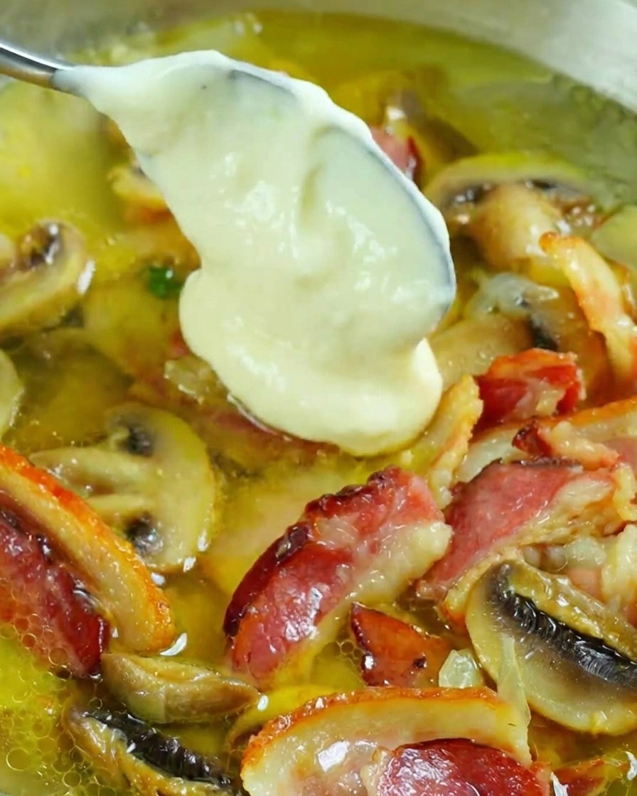 Une cuillerée de sauce blanche crémeuse mélangée dans une poêle remplie de bacon et de champignons sautés.