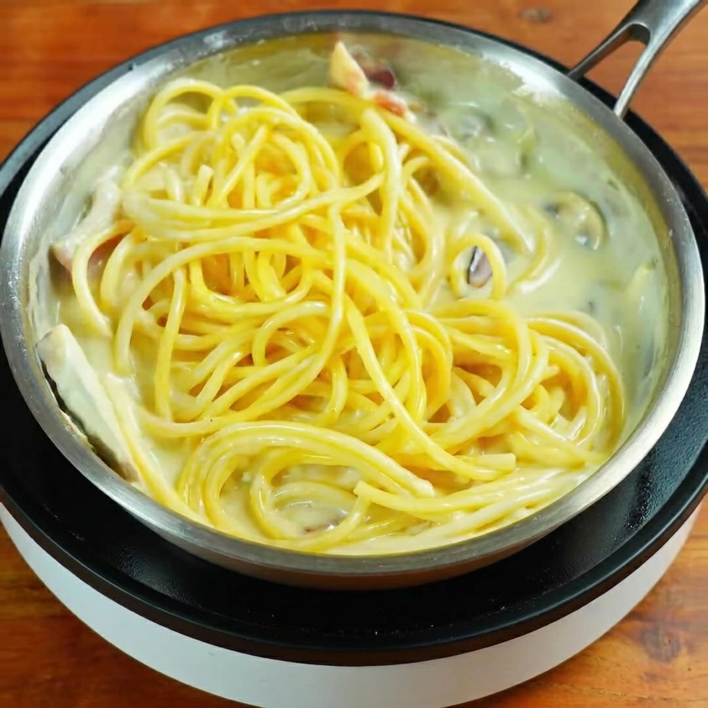 Spaghetti mélangés dans une poêle avec une sauce blanche crémeuse et des morceaux de bacon.