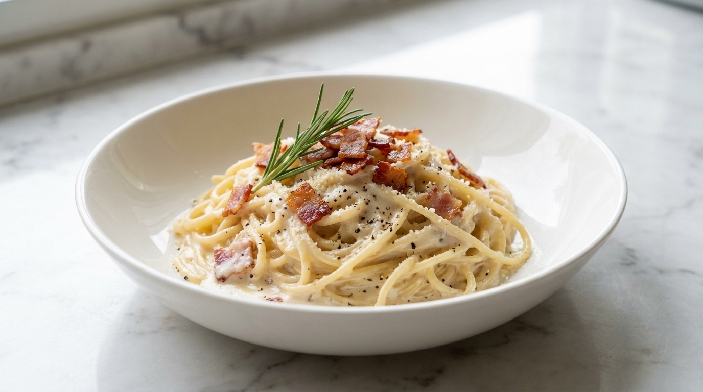Crème liquide versée dans la poêle avec le bacon et lail.