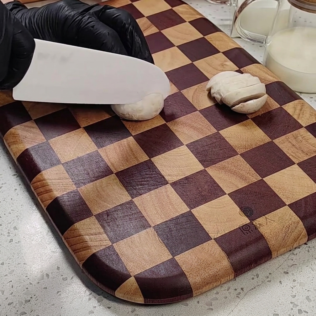 Gros plan sur des champignons tranchés sur une planche à découper en bois à carreaux.