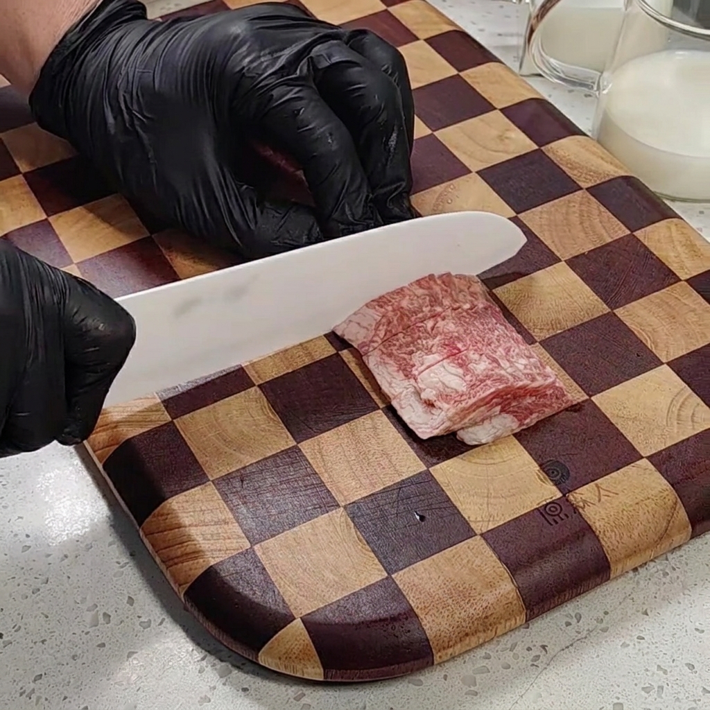 Tranches de lardons préparées sur une planche à découper.