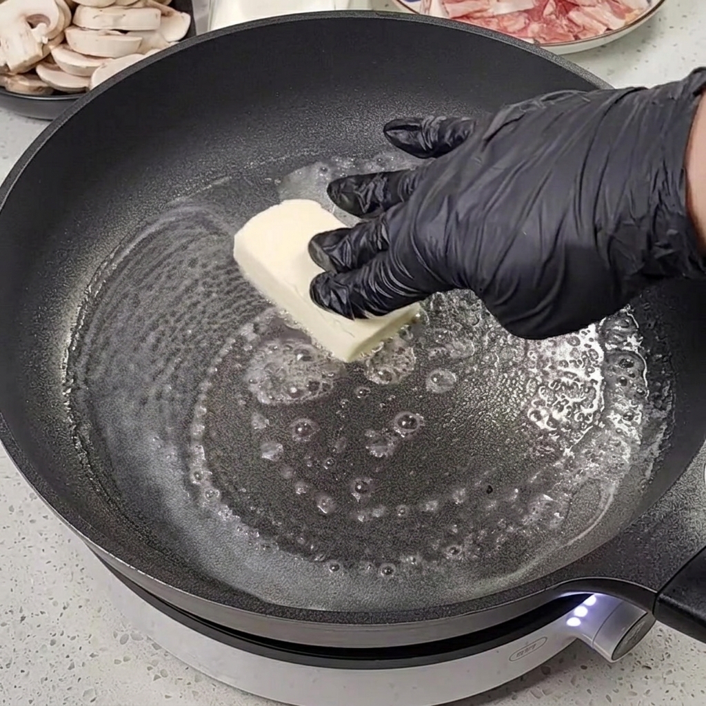 Beurre fondant dans une poêle chaude.