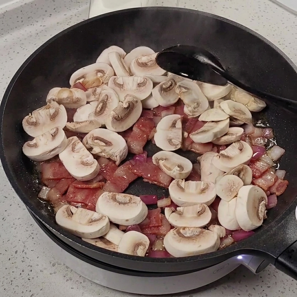 Champignons blancs tranchés ajoutés à une poêle avec des lardons et des oignons sautés.
