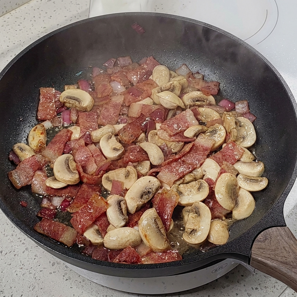Assaisonnement du mélange champignons et lardons avec un moulin à poivre et du sel.