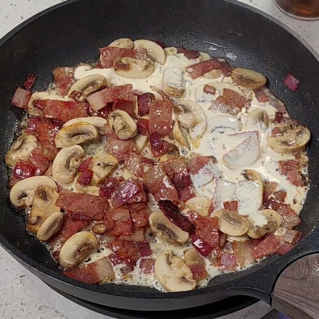 Mélange de crème et de lait versé dans une poêle avec des champignons et lardons sautés.
