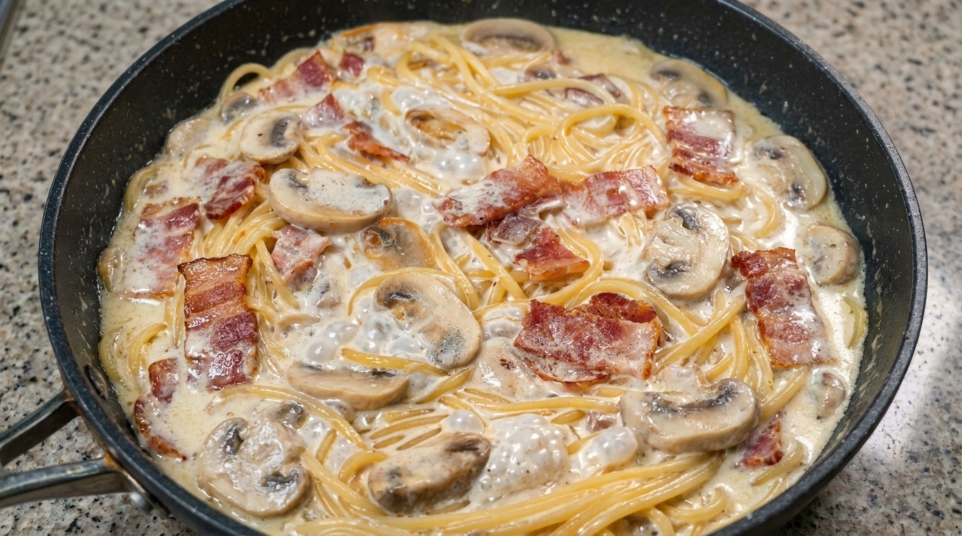 Spaghetti Crémeux aux Lardons et Champignons